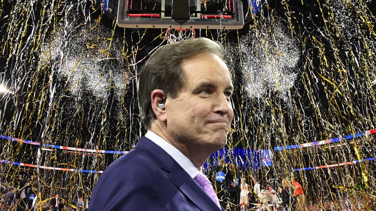 An emotional jim nantz watching one shining moment reflecting on his